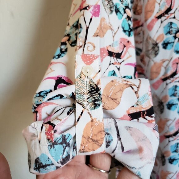 Talbots Floral Bird Button Front Tunic Top Roll Tab Sleeves Multi Size Womens 2X - Picture 8 of 11